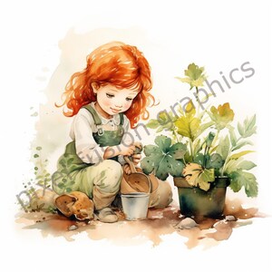 Clipart aquarelle jardiniers, résolution haute qualité, 300 ppp, images de garçons et de filles de jardinage mignons, art mural, jardinage pour enfants