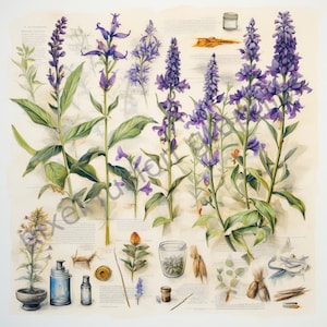 Ensemble d'illustrations aquarelles d'herbes, décoration de maison et de cuisine, étiquettes et emballages, herbier d'herbes biologiques, téléchargement numérique, DHP3