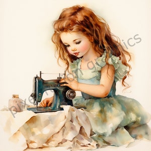 Clip art di ragazze carine con sarte e acquerello, 10 JPG ad alta risoluzione, immagini a 300 DPI, cancelleria, abbigliamento per bambini, magneti, biglietti, cuscini