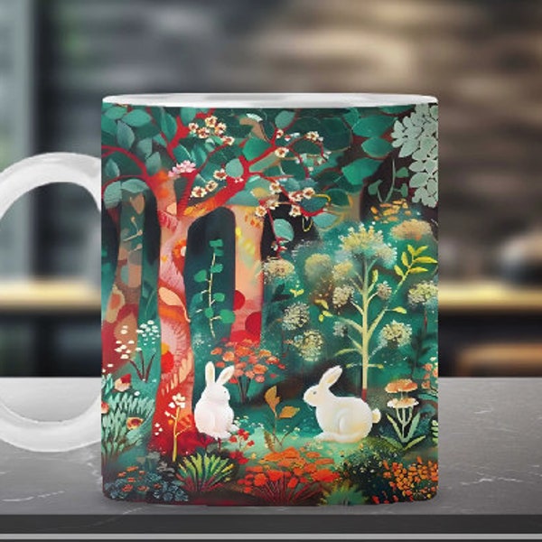 Bunny Mug Wrap Seamless Wrap File 11oz. and 15 oz. Mugs Forest Flowers Rabbits Easter Mug 2 High Resolution Graphics 300 DPI, BFB