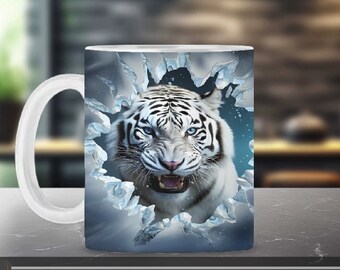 3D White Tiger Face Hole In Wall Wrap Sublimation Design, 2 Instant Download Digital Tiger 11 & 15oz, Animal Coffee Mug Template PNG, F3DT2