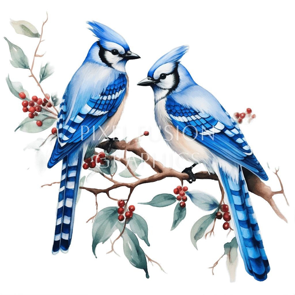 PNG Blue Jay Watercolor Clip Art With Flowers, Leaves on Branches Day