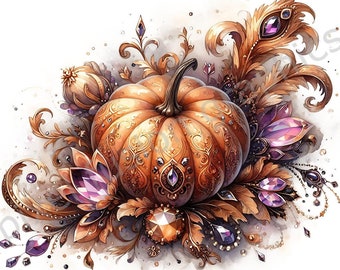 Gemstone Decorated Pumpkin Clipart - 12 Autumn PNG Pumpkin Junk Journal, Scrapbook, Memory Book, Thanksgiving Sublimation Invitations P5