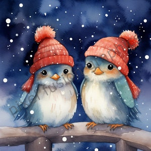 Oiseaux d'hiver mignon aquarelle lunatique oiseau Clip Art 12 fichiers JPG originaux haute qualité résolution 300 DPI Papeterie, impressions, cartes