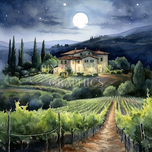 Tuscany Watercolor Clip Art, Country House Clipart, Italy Vineyard, Italian Country Houses