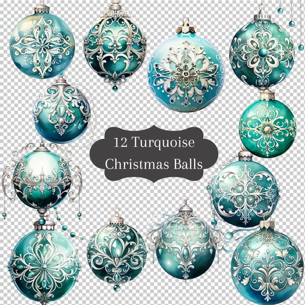 PNG Watercolor Turquoise Christmas Baubles Clip Art, High Quality Resolution, 300 DPI, Instant Download Images