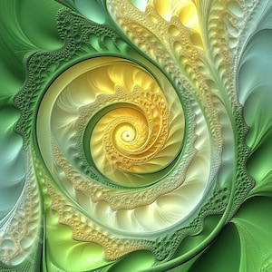 May include: Abstract digital art featuring a swirling spiral pattern in shades of green and yellow. The spiral is surrounded by intricate, overlapping layers of green and white.