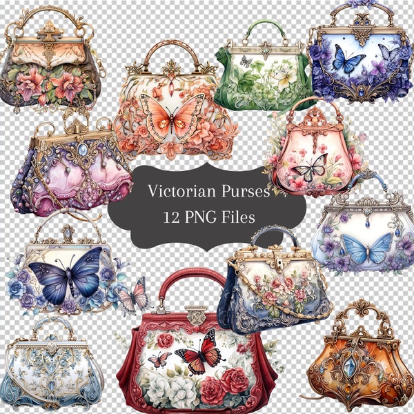 Victorian Purses, Watercolor Clip Art, High Quality Resolution Graphics, 300 DPI, Wall Art, Apparel, Tote, Cushions, and much more.
