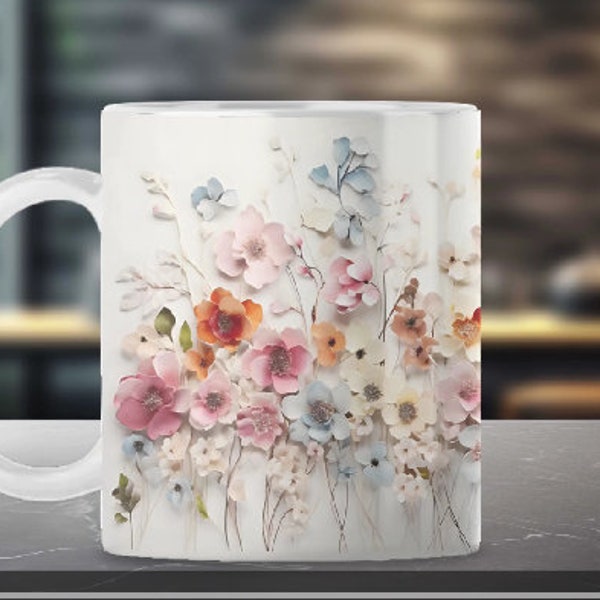 3D Floral Mug Soft Colors Mug Wrap Pastel Color Wildflowers Sublimation 11oz. and 15 oz. 3d Water Color Flowers Mug Design 3DFM1