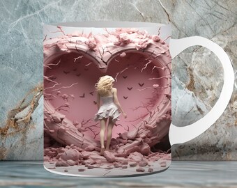 3D Heart Girl Hole in a Wall Wrap 11oz & 15oz Mug Seamless Sublimation Design Mug Template PNG Instant Digital Download 01