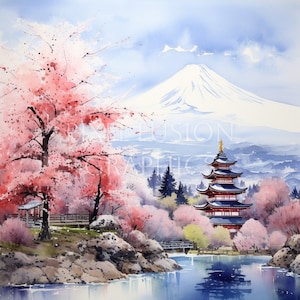 Japanese Scenery Watercolor Clipart/ 12 High Quality JPGs / Digital Download/ Journals/ Sublimation/ Mugs/ Cards/ invitations/ Wall Art