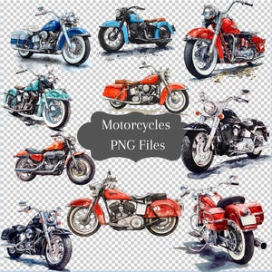 Könnte beinhalten: Eine Sammlung von zehn Vintage-Motorrädern in verschiedenen Farben, darunter Rot, Blau, Schwarz und Grün. Die Motorräder sind im Aquarell-Stil illustriert und haben ein klassisches Design. Motorcycles PNG Files.