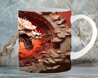 3D Dragon Hole in a Wall Wrap 11oz & 15oz Mug Seamless Sublimation Design Mug Template PNG Instant Digital Download 01