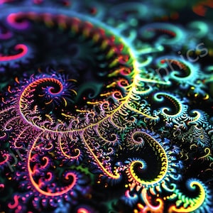 Puede incluir: Arte digital abstracto con un patrón de espiral de líneas de color rosa neón, amarillo y azul sobre un fondo negro.
