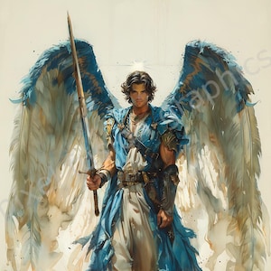 May include: A winged figure with long brown hair and a blue robe holds a sword. The figure has large white and blue wings.