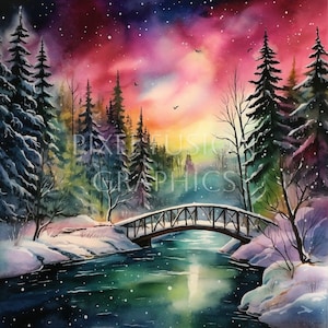 Northern Lights Watercolor Clip Art, High Quality Resolution, 300 DPI, Instant Download,