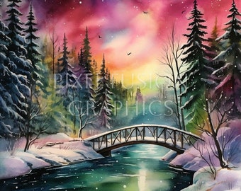 Northern Lights Watercolor Clip Art, High Quality Resolution, 300 DPI, Instant Download,