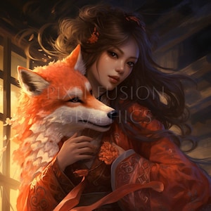 Fox Kitsune Japanese Style Clip Art, 12 JPG High Quality Resolution, 300 DPI Instant Download Files