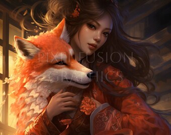 Fox Kitsune Japanese Style Clip Art, 12 JPG High Quality Resolution, 300 DPI Instant Download Files