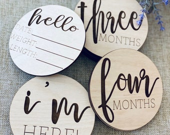Engraved Wooden Baby Monthly Milestone Discs | Milestone Cards | Age Signs | Newborn Shower Gift | Photo Prop