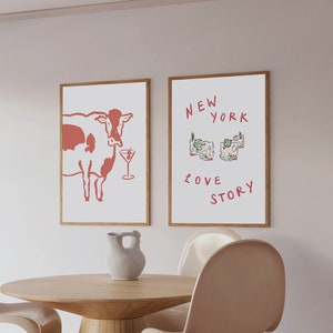 Dorm Posters, New York Meet Cute, Olive Martini Cow Print, Spicy Margarita Print, New York City Print, Cute Cow Poster, Cute Dorm Art/Decor