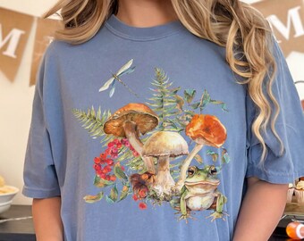 Camiseta Cottagecore con diseño de sapo hongo, camiseta botánica con colores cómodos