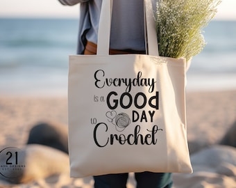 Bolso de mano para amantes del crochet: Cada día es un buen día, arte del hilo.