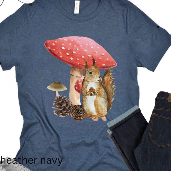 Cottage core style mushroom squirrel tshirt nature lovers tee gift idea outdoors lover tshirt wildlife enthusiast vintage shirt squirrel