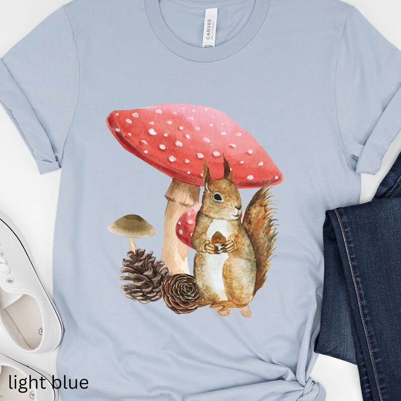 Cottage core style mushroom squirrel tshirt nature lovers tee gift idea outdoors lover tshirt wildlife enthusiast vintage shirt squirrel Light Blue