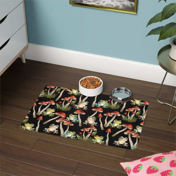 mushroom themed Pet Food Mat (12x18) gift for new pet owner mushroom and frog food mat new pet mat nonslip food placemat pets cottagecore