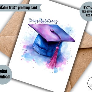Téléchargement numérique carte de remise des diplômes imprimable félicitations graduation cap carte accès instantané aquarelle de remise des diplômes du secondaire