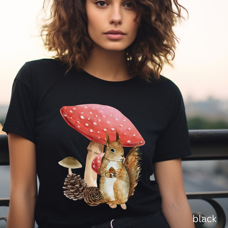 Cottage core style mushroom squirrel tshirt nature lovers tee gift idea outdoors lover tshirt wildlife enthusiast vintage shirt squirrel Black