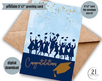 Tarjeta de felicitación de graduación imprimible, tarjeta de graduación digital de secundaria y universidad, siluetas de graduado, tarjeta de descarga instantánea con birrete y toga