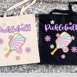 retro Pickleball Canvas Tote Bag 70s inspired flower power pickleball reuseable bag library grocery daily carryall pickleball player gift