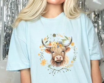 Floral Highland Cow T-shirt, Boho Farm Tee