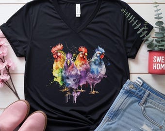 Watercolor chickens vneck T-Shirt | Colorful Chicken Art Tee
