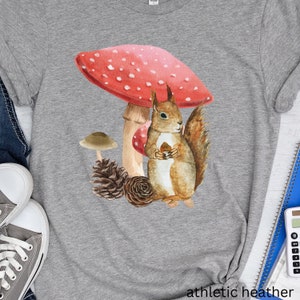 Cottage core style mushroom squirrel tshirt nature lovers tee gift idea outdoors lover tshirt wildlife enthusiast vintage shirt squirrel Athletic Heather