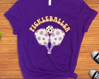 Camiseta retro para jugadora de pickleball: diseño floral bohemio, corte femenino.