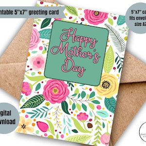 Carte de voeux numérique imprimable pour maman, heureuse fête des mères, florale lumineuse, téléchargement immédiat, carte de voeux pour maman, carte à motifs floraux