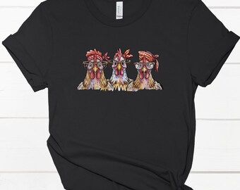 Three Funky Chickens with leopard glasses Tee Colorful Rooster Trio, Glasses & Bandanas