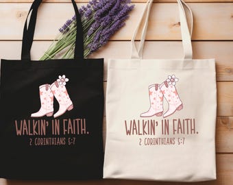 Walking in Faith Cowboy Boots Tote Bag, Christian Gift