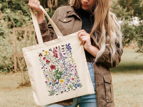 Pressed Wildflower Cotton Canvas Tote Bag - Botanical Print