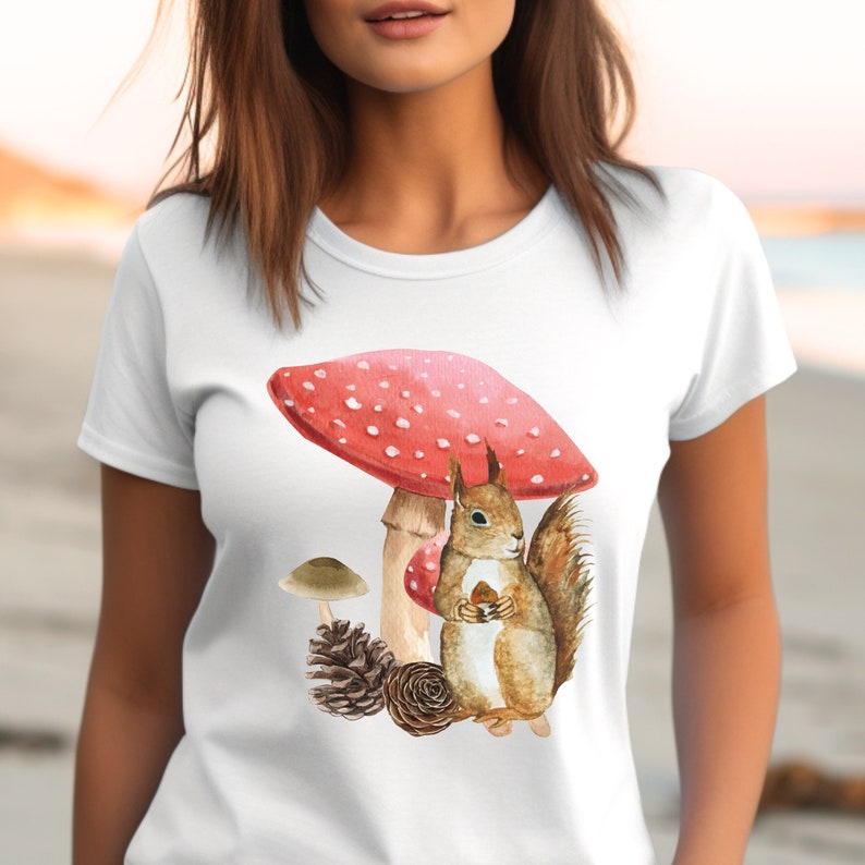 Cottage core style mushroom squirrel tshirt nature lovers tee gift idea outdoors lover tshirt wildlife enthusiast vintage shirt squirrel White