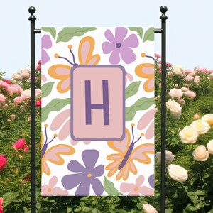 custom retro floral butterfly house flag cute spring summer garden flag pastel colored flower scene outdoor decor housewarming gift idea