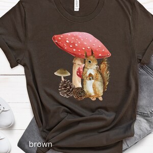 Cottage core style mushroom squirrel tshirt nature lovers tee gift idea outdoors lover tshirt wildlife enthusiast vintage shirt squirrel Brown