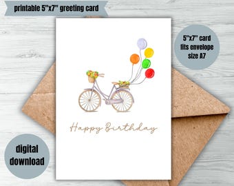Balloon Bicycle Birthday Card, Printable 5x7 (Digital Download)