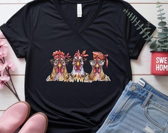 Three Funky Chickens with leopard glasses vneck Tee | Quirky Farmhouse Chicken Illustration