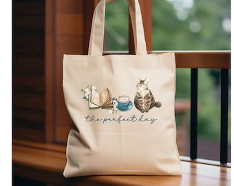 Bolso de lona con diseño de libros, café y gatos: Regalo para lectores