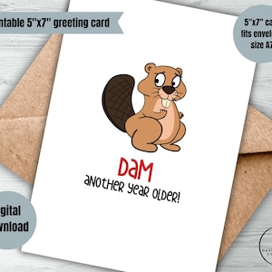 Humour adulte numérique barrage une autre carte d'anniversaire d'un an carte d'anniversaire drôle imprimable pour ami, collègue carte d'accès instantané castor punny