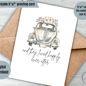 carte numérique pour jeunes mariés voiture florale rétro « et ils ont vécu heureux pour toujours » carte de voeux imprimable cadeau de mariage accès instantané & Mme élégante